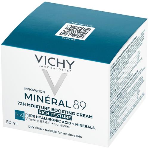 Vichy Mineral 89 72H Moisture Boosting Rich Texture Cream Κρέμα Προσώπου Πλούσιας Υφής με Υαλουρονικό Οξύ για Εντατική Ενυδάτωση της Ξηρής Επιδερμίδας Έως 72 Ώρες 50ml